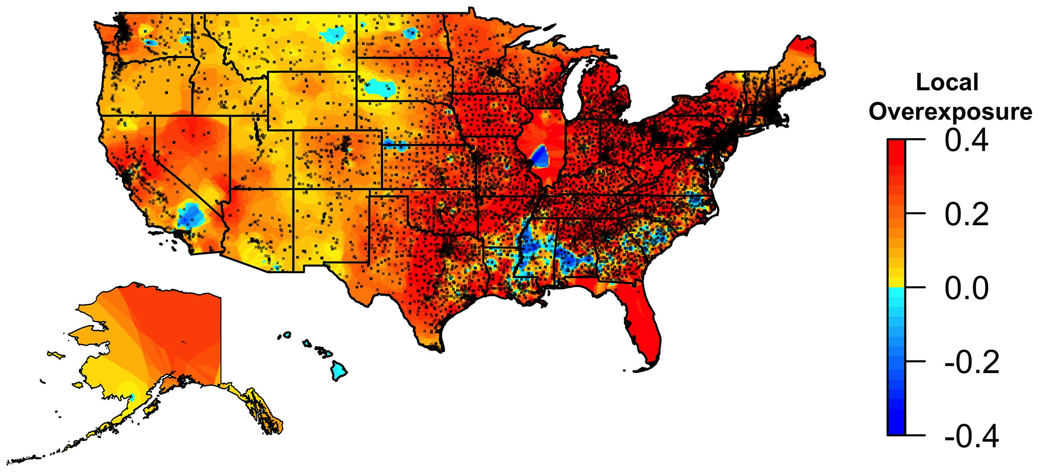 heat map of where in the U.S. police social media overreport on black suspects